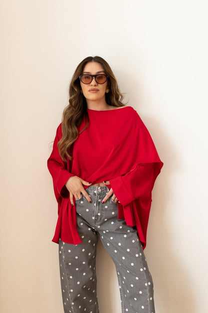 Red Asymmetrical Satin Blouse with Neckline Detail