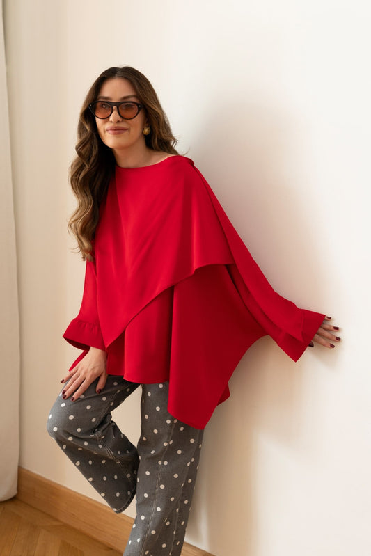 Red Asymmetrical Satin Blouse with Neckline Detail