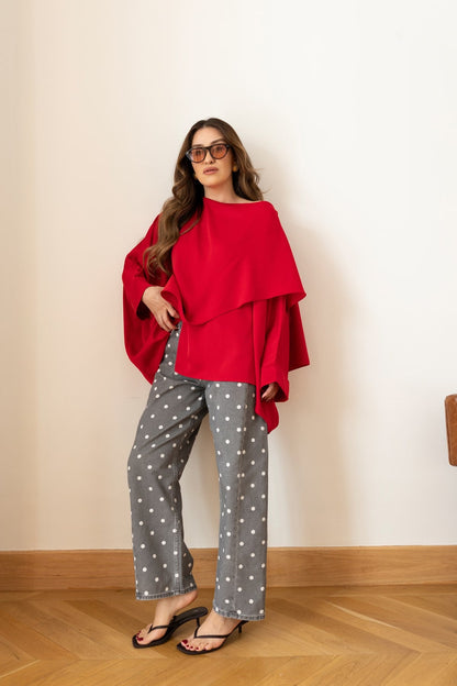 Red Asymmetrical Satin Blouse with Neckline Detail