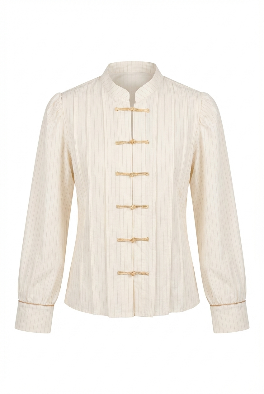 Beige Shirt with Red Button Detail and Mandarin Collar