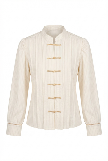 Beige Shirt with Red Button Detail and Mandarin Collar