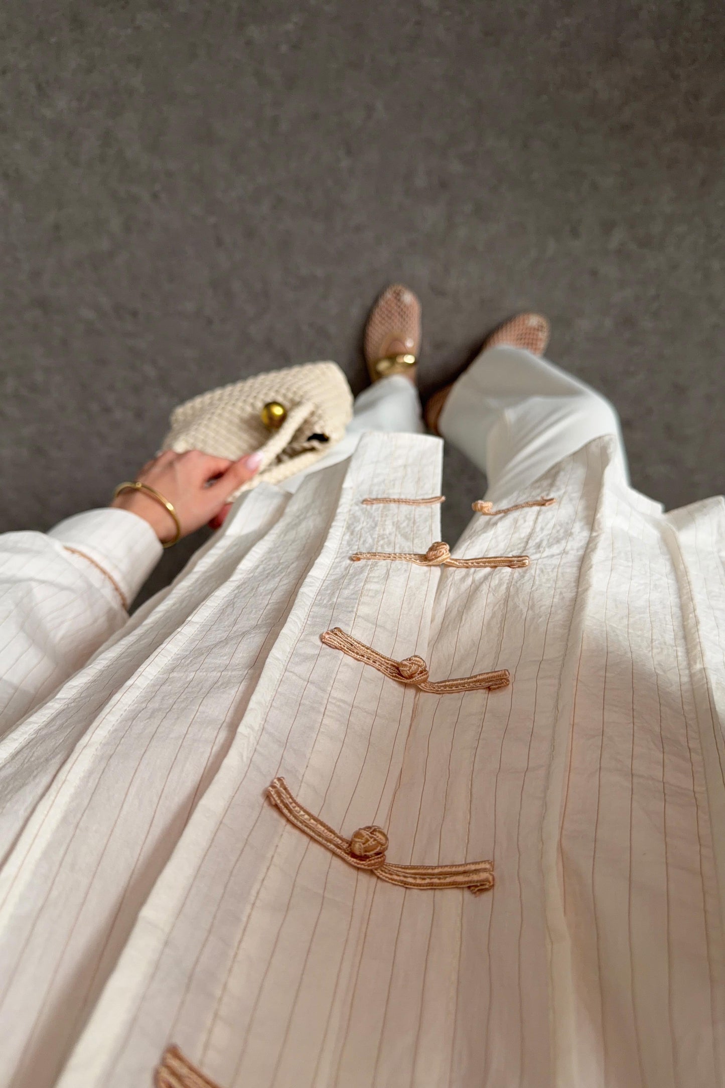 Beige Shirt with Red Button Detail and Mandarin Collar