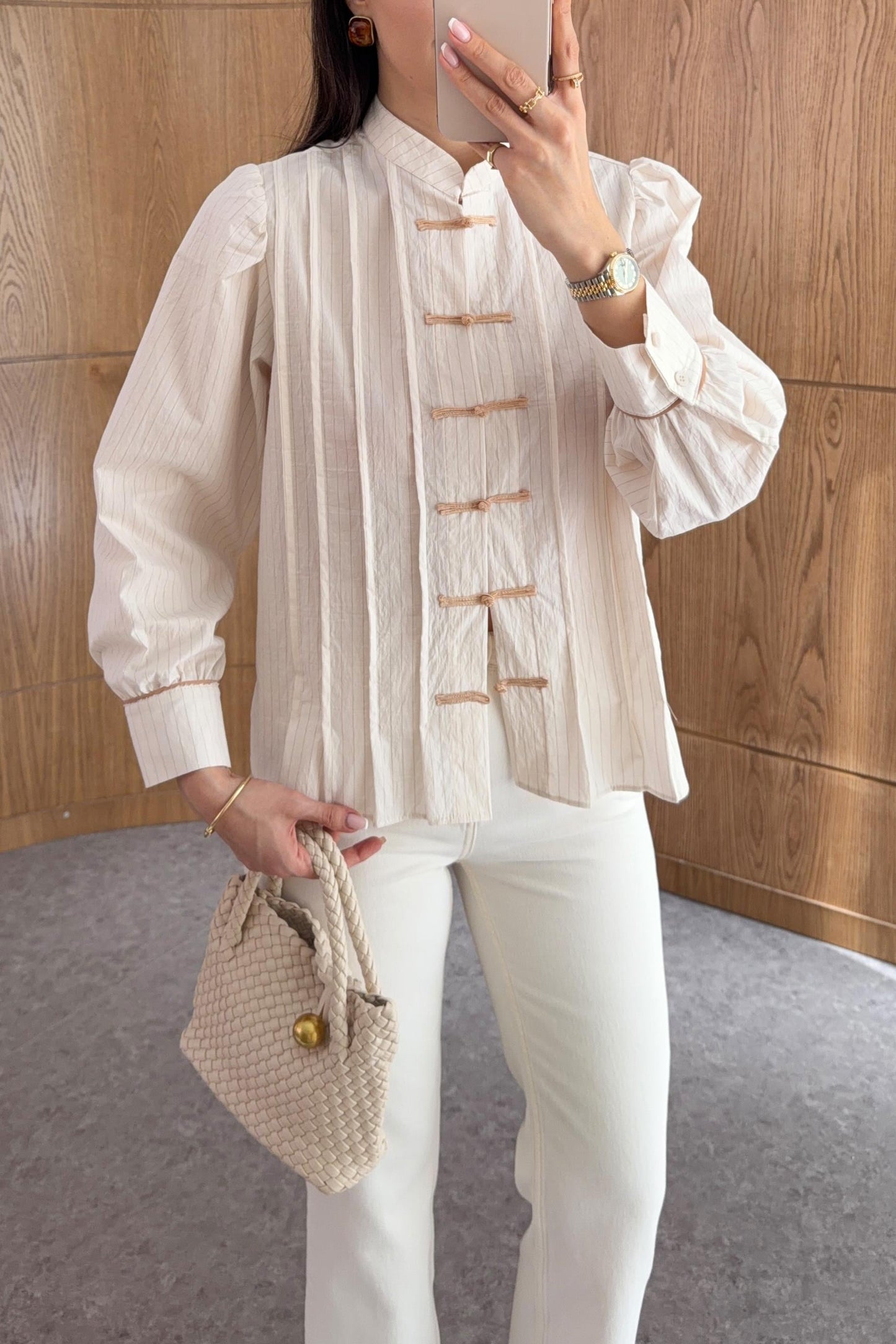 Beige Shirt with Red Button Detail and Mandarin Collar