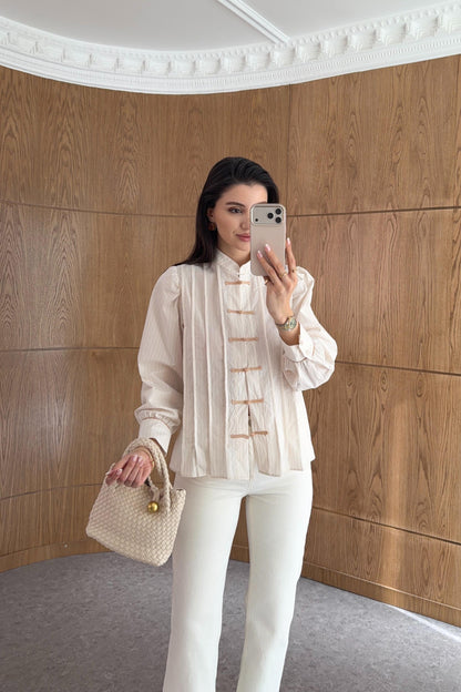 Beige Shirt with Red Button Detail and Mandarin Collar