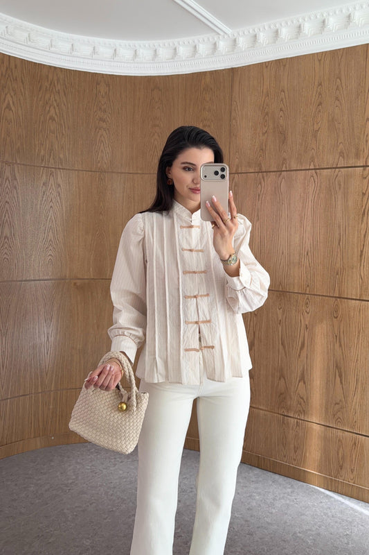 Beige Shirt with Red Button Detail and Mandarin Collar