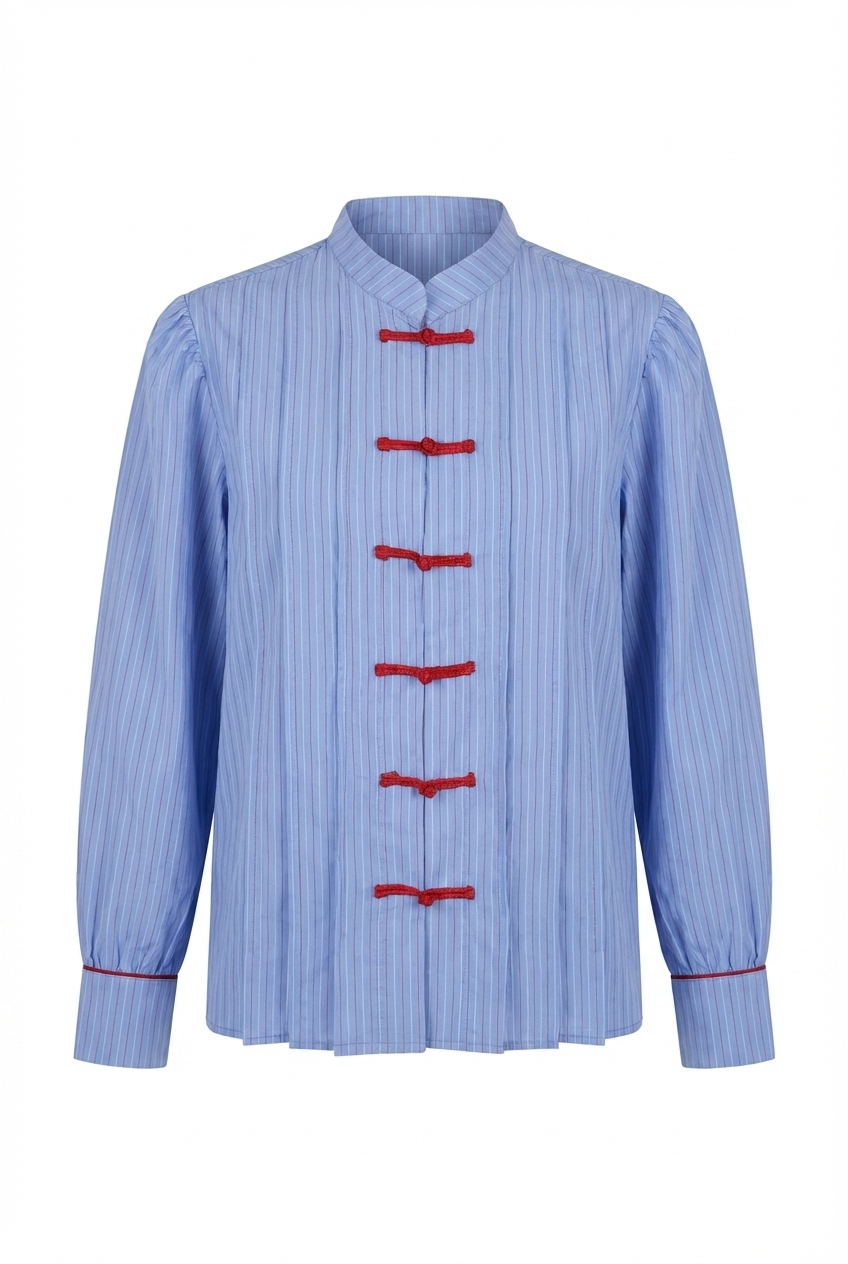 Blue Shirt with Red Button Detail and Mandarin Collar
