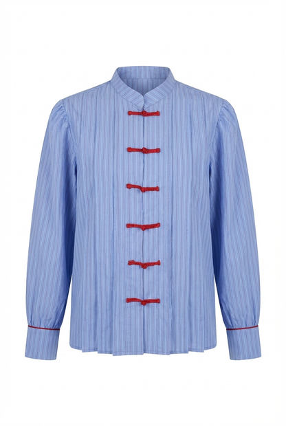 Blue Shirt with Red Button Detail and Mandarin Collar