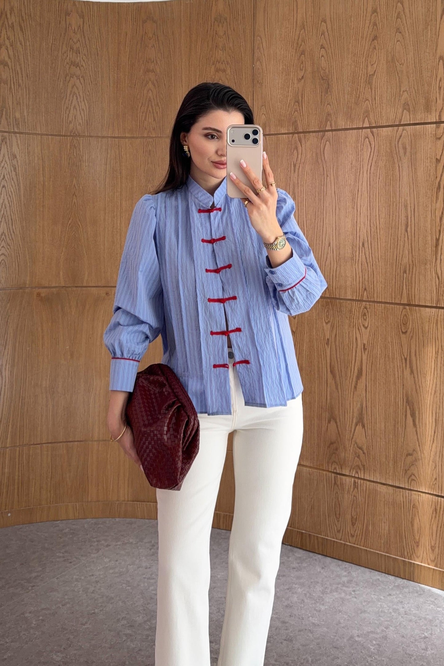 Blue Shirt with Red Button Detail and Mandarin Collar