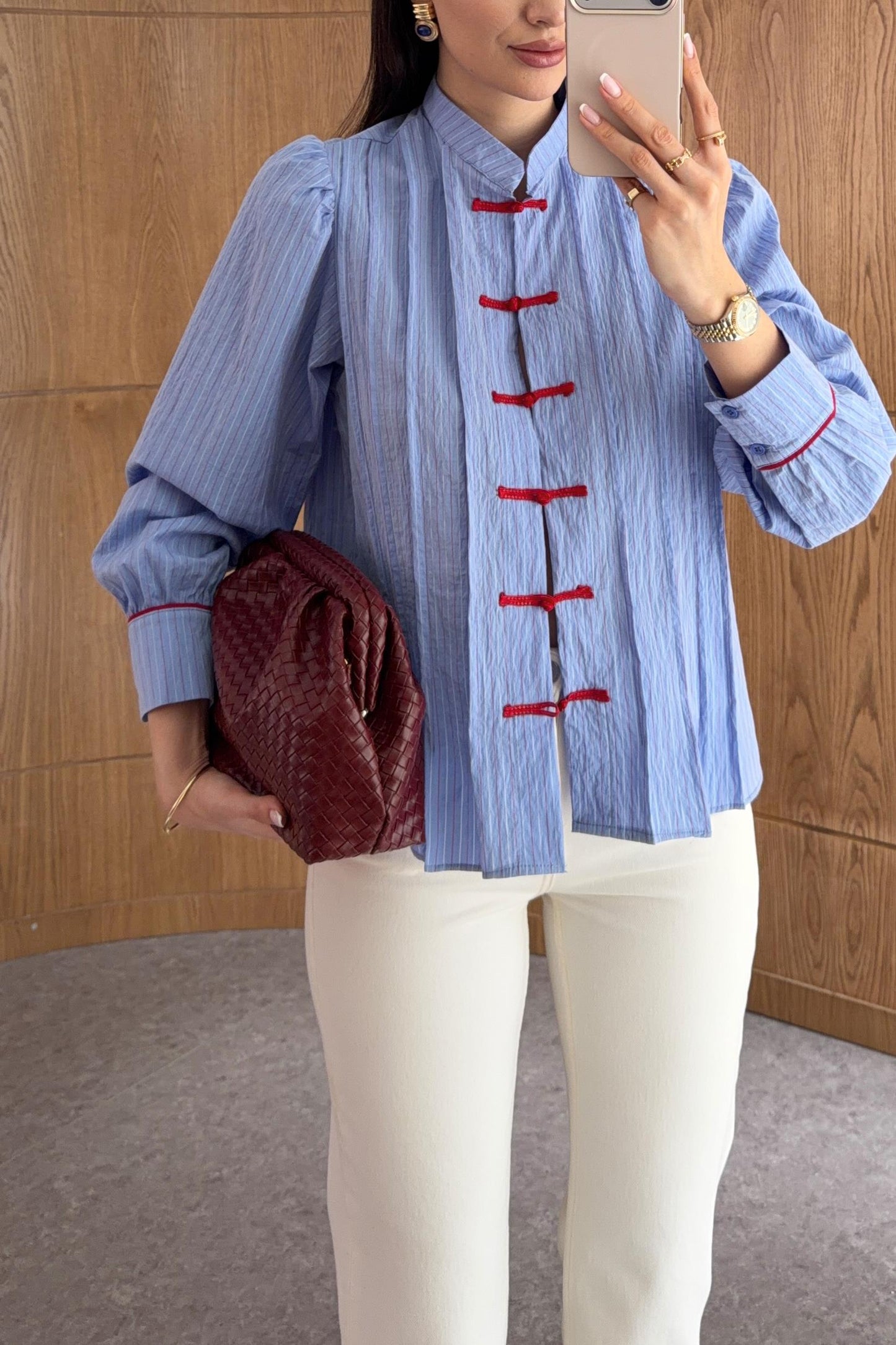 Blue Shirt with Red Button Detail and Mandarin Collar