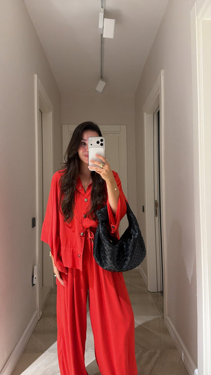 Red Silver Buttoned Poncho Set