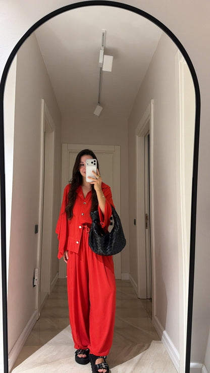 Red Silver Buttoned Poncho Set