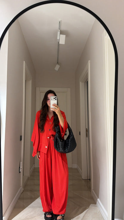 Red Silver Buttoned Poncho Set