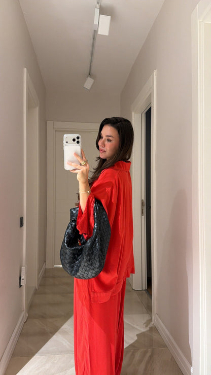 Red Silver Buttoned Poncho Set
