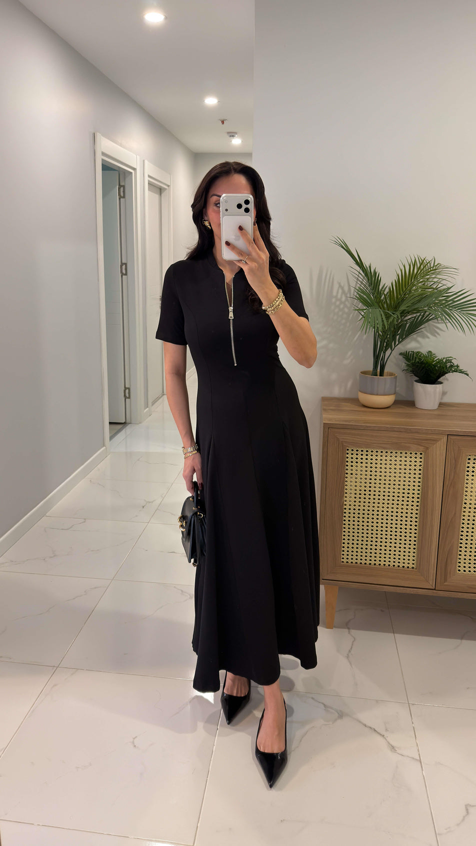 Half Zipper short sleeve dress- black