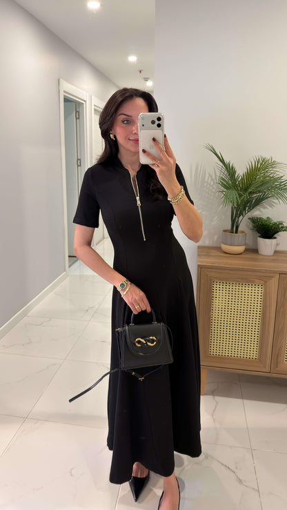 Half Zipper short sleeve dress- black