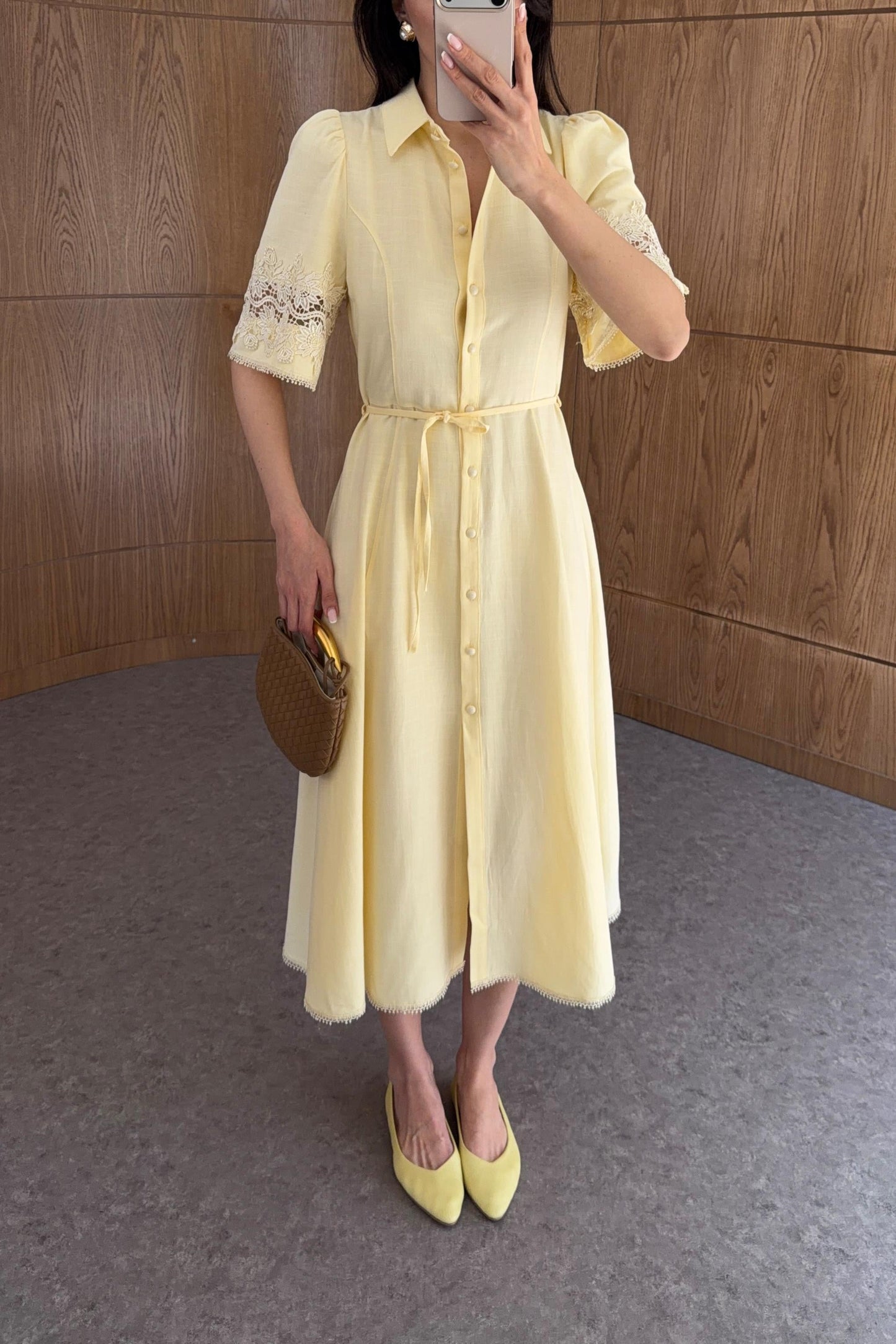 Yellow Dress with Lace Detail on Sleeves