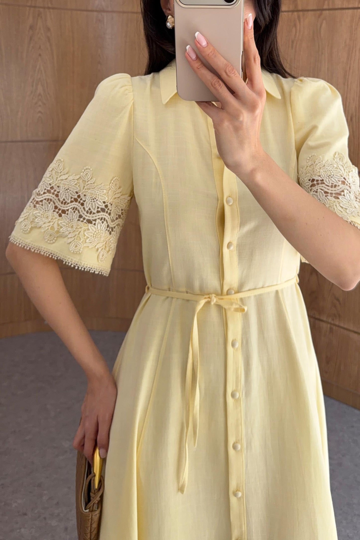 Yellow Dress with Lace Detail on Sleeves