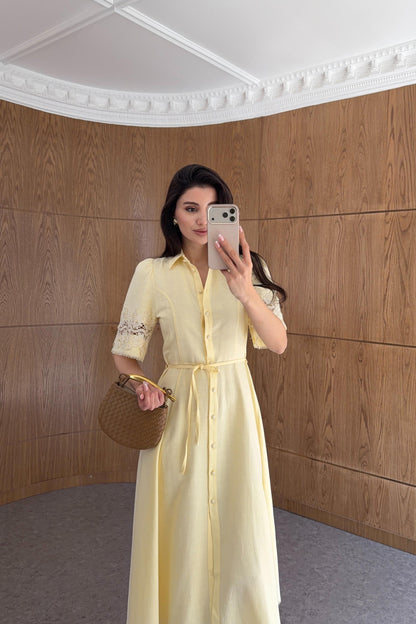Yellow Dress with Lace Detail on Sleeves