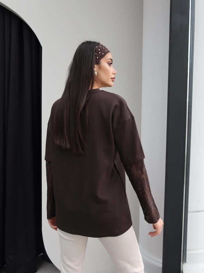 Oversize T-shirt with Lace Sleeves details - brown