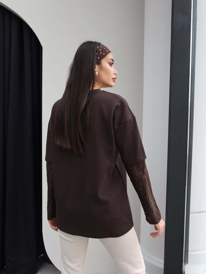 Oversize T-shirt with Lace Sleeves details - brown