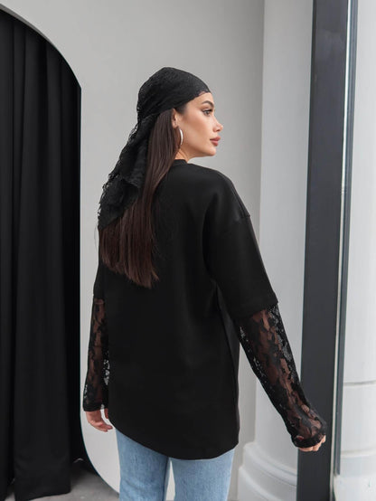 Oversize T-shirt with Lace Sleeves details - black
