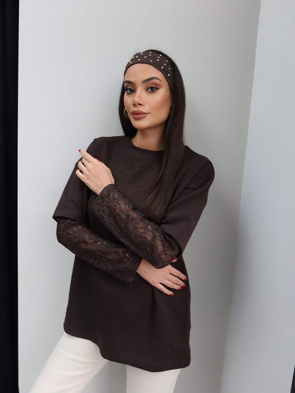 Oversize T-shirt with Lace Sleeves details - brown