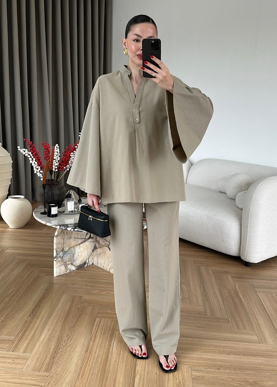 Wide sleeve blouse with waistband straight leg trouser linen set