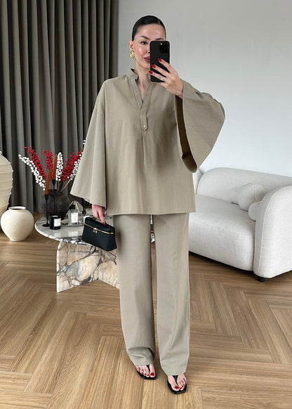 Wide sleeve blouse with waistband straight leg trouser linen set