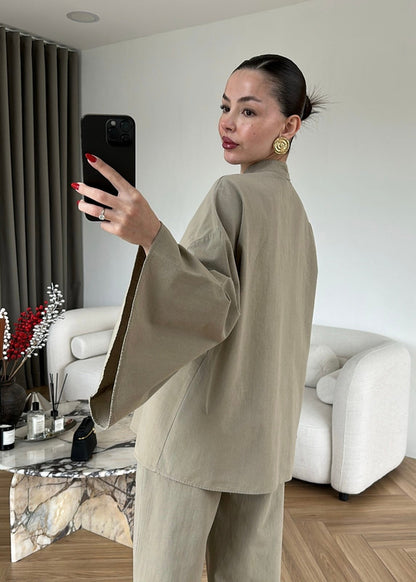 Wide sleeve blouse with waistband straight leg trouser linen set