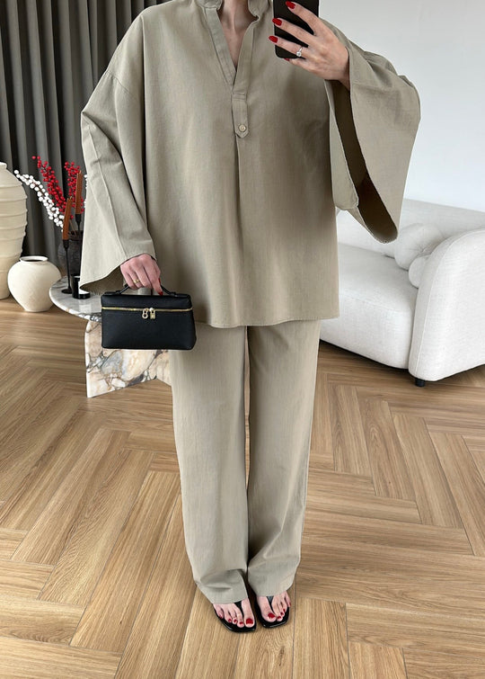 Wide sleeve blouse with waistband straight leg trouser linen set