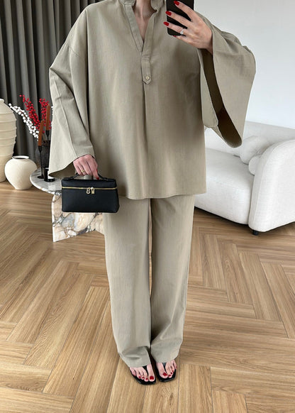 Wide sleeve blouse with waistband straight leg trouser linen set