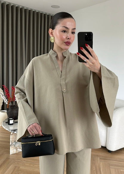 Wide sleeve blouse with waistband straight leg trouser linen set