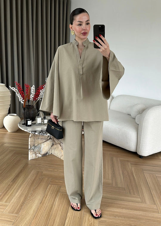 Wide sleeve blouse with waistband straight leg trouser linen set