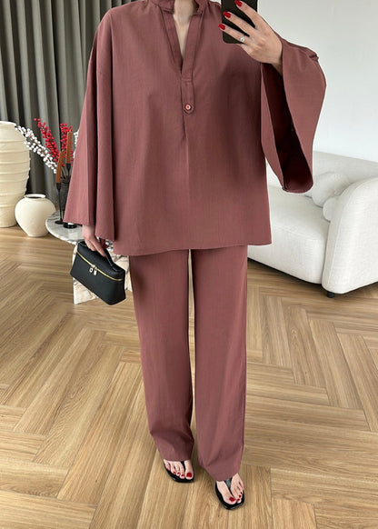 Wide sleeve blouse with waistband straight leg trouser linen set
