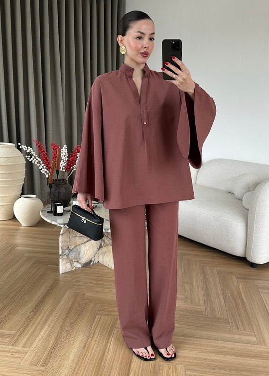 Wide sleeve blouse with waistband straight leg trouser linen set