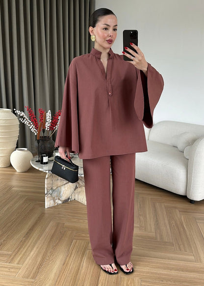 Wide sleeve blouse with waistband straight leg trouser linen set