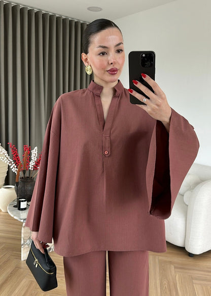 Wide sleeve blouse with waistband straight leg trouser linen set