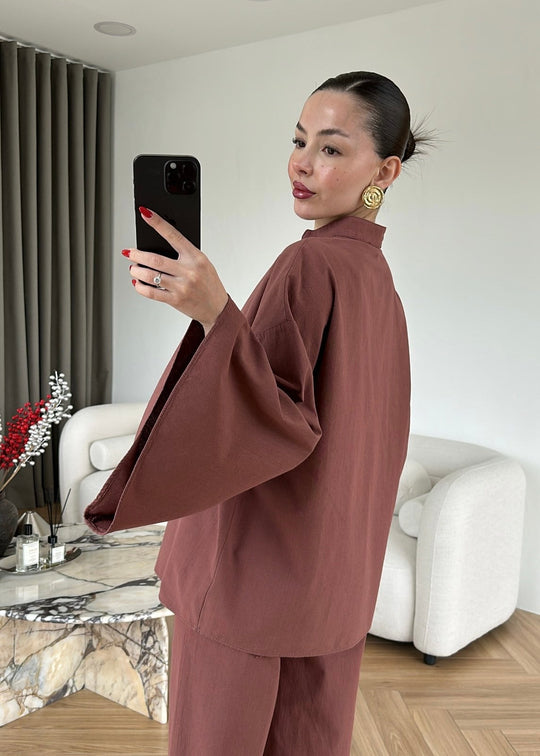 Wide sleeve blouse with waistband straight leg trouser linen set