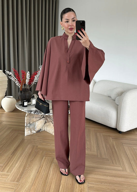 Wide sleeve blouse with waistband straight leg trouser linen set