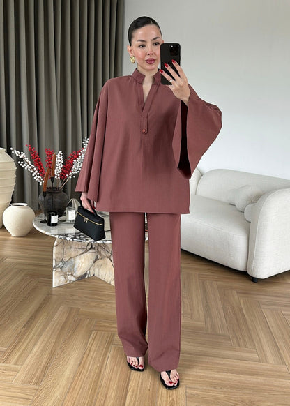 Wide sleeve blouse with waistband straight leg trouser linen set