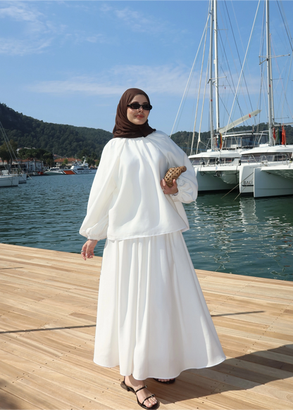Designer Blouse waist detailed skirt Set - white