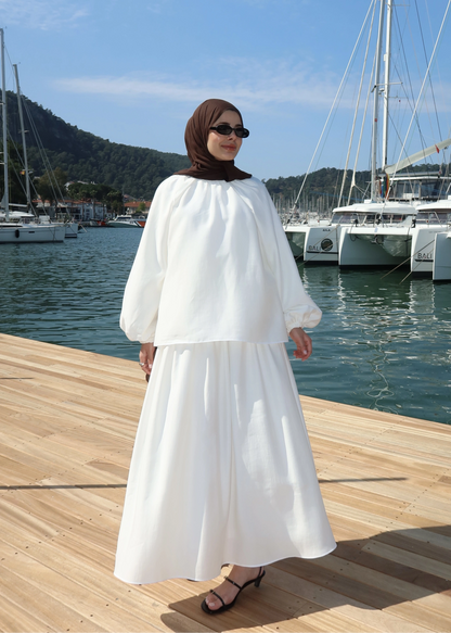Designer Blouse waist detailed skirt Set - white