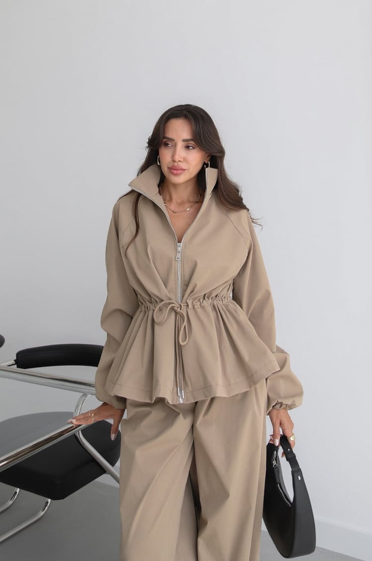 Waist drawstring jacket co-ord set - khaki