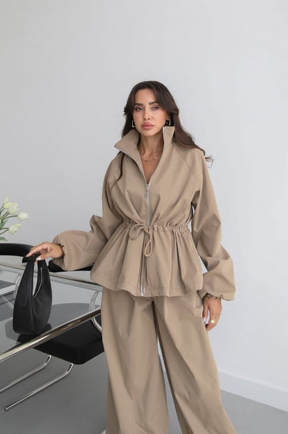 Waist drawstring jacket co-ord set - khaki