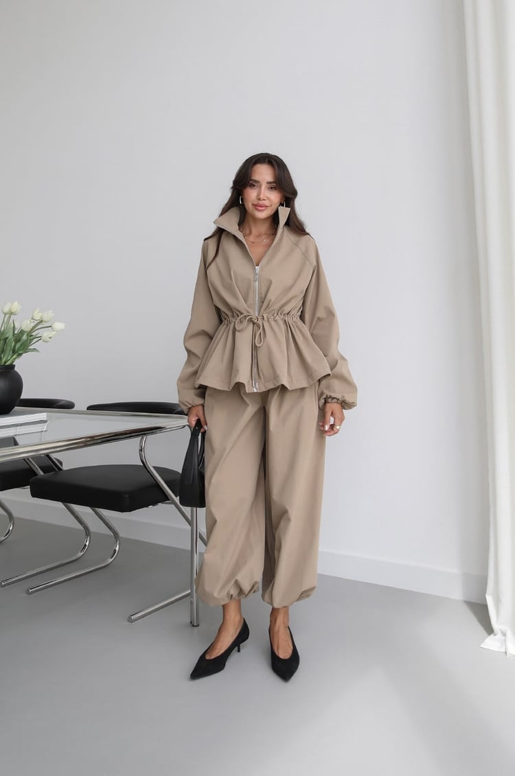 Waist drawstring jacket co-ord set - khaki
