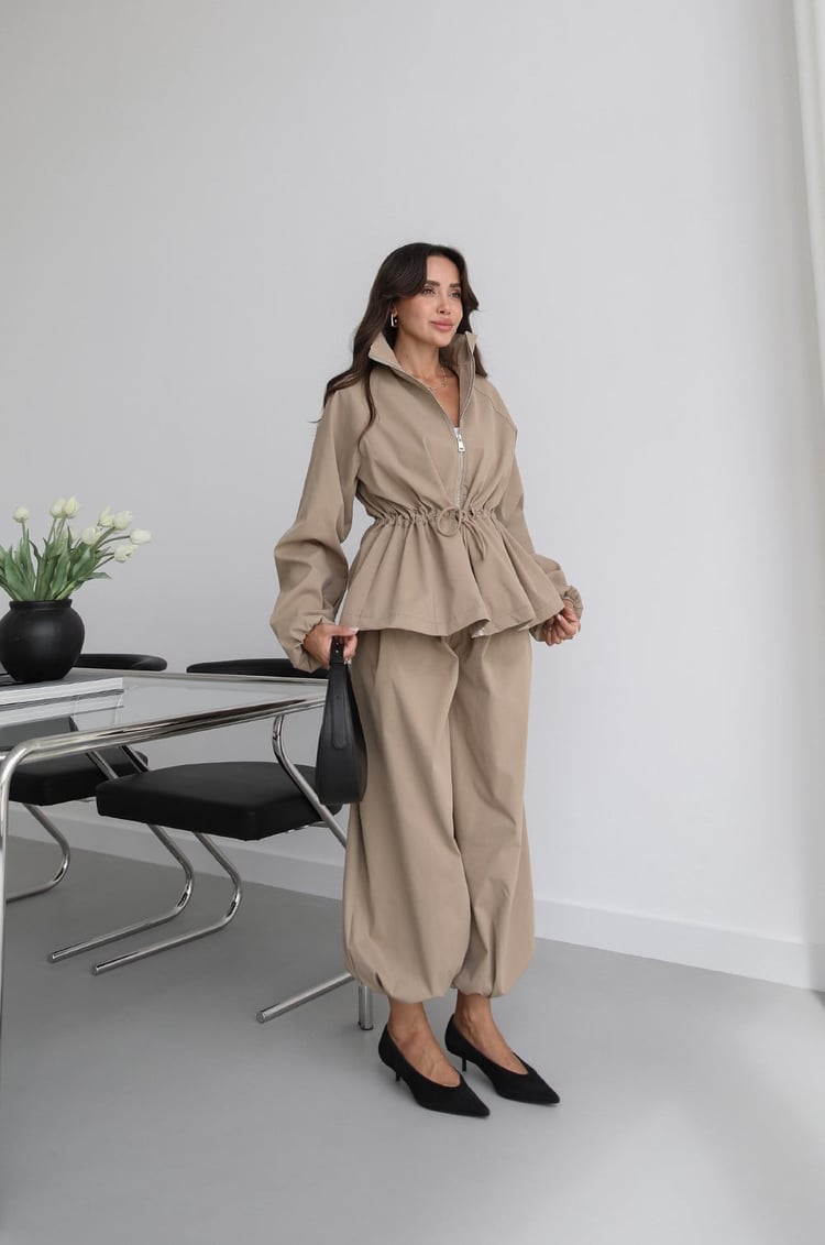 Waist drawstring jacket co-ord set - khaki