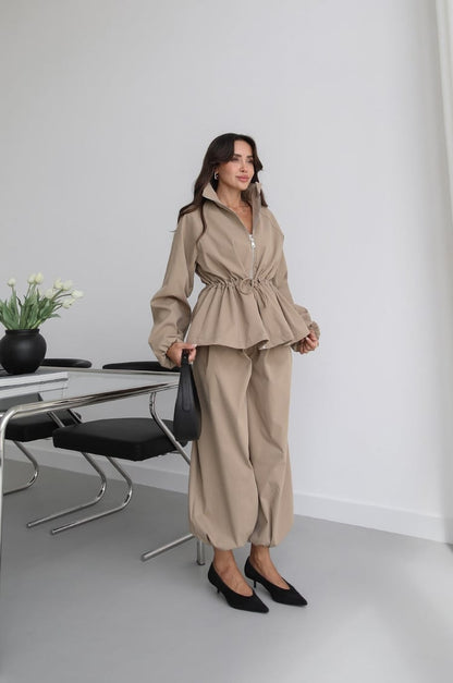 Waist drawstring jacket co-ord set - khaki