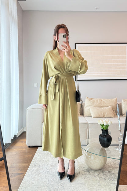 Premium Satin Dress with Slit and Belt