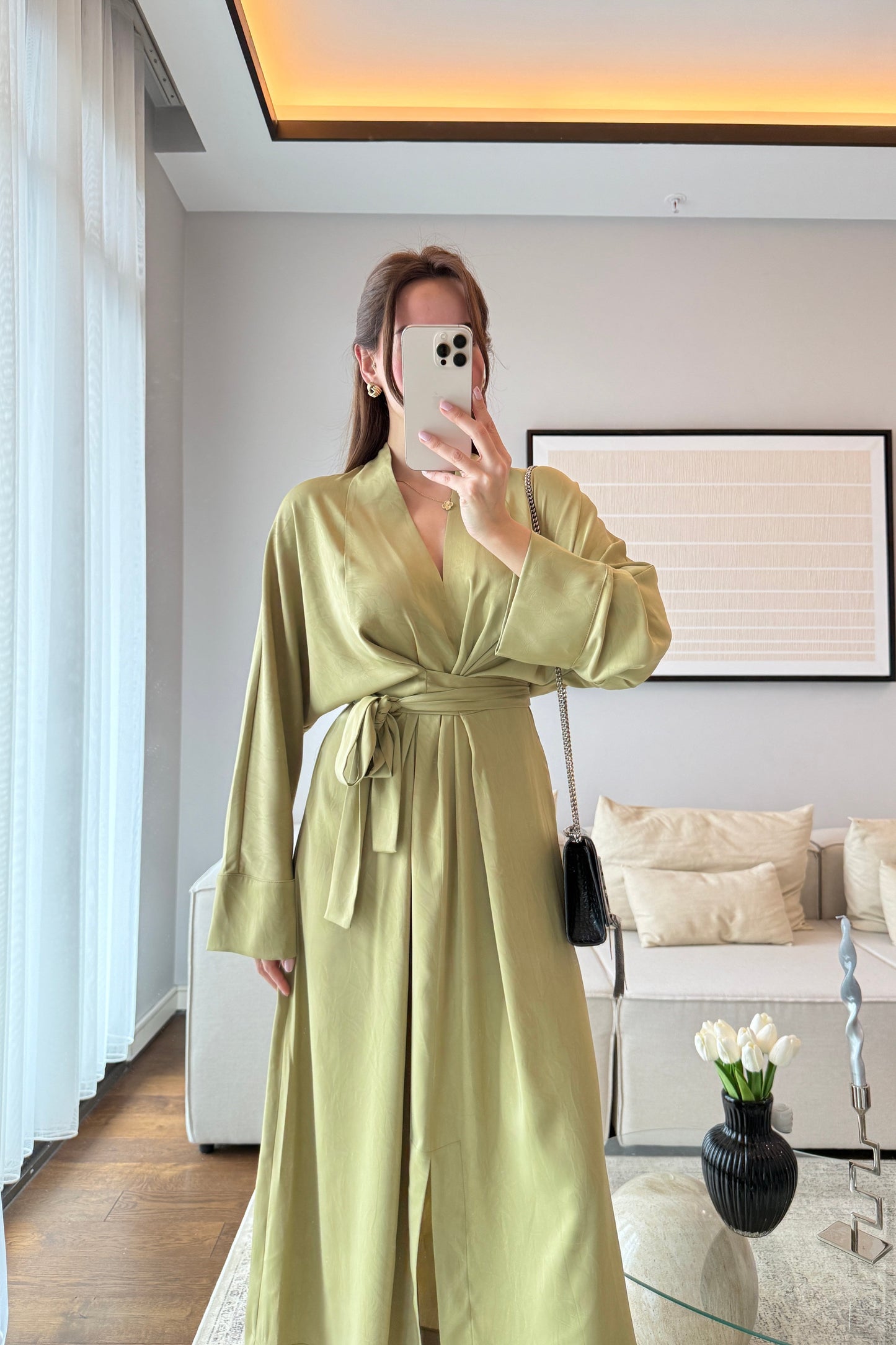 Premium Satin Dress with Slit and Belt
