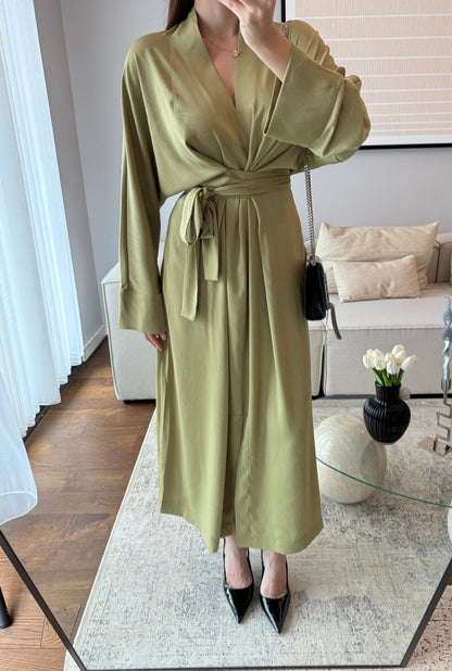 Premium Satin Dress with Slit and Belt